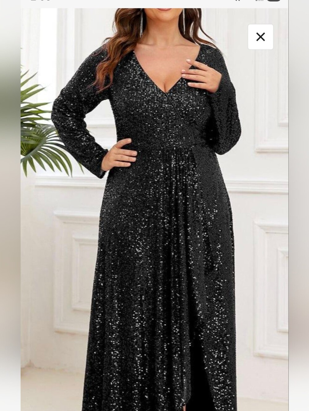 Plus Size Sequin V-Neck Long Sleeve High Slit Bodycon Evening Dress